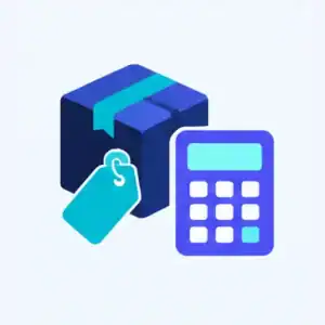 eBay fee calculator icon showing shipping package with price tag and calculator